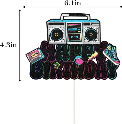 Vista 2 de Decoración retro para tartas de cumpleaños de los años 90, decoración de pastel de discoteca hip hop con cinta de casete Boombox y tenis