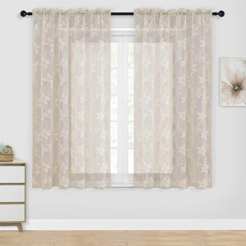 Vista 24 de DWCN Paquete de 2 cortinas traslúcidas pequeñas de encaje floral beige para cocina, cortinas traslúcidas ligeras con bolsillo para barra, cortinas