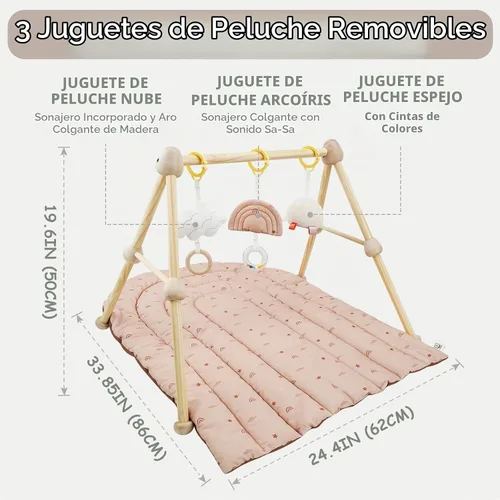 Vista 2 de Tapete de madera 4 en 1 para gimnasio y actividades para bebés, tapete de algodón suave para bebés de 0 años, con 3 juguetes desmontables
