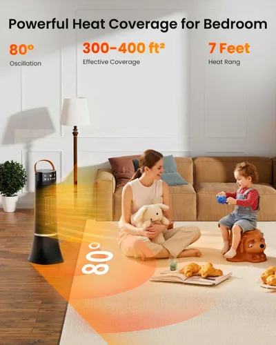 Vista 2 de Calentador de espacio para uso en interiores, calentador eléctrico PTC de 1500 W con control remoto, oscilación ancha de 75°, temporizador de 12