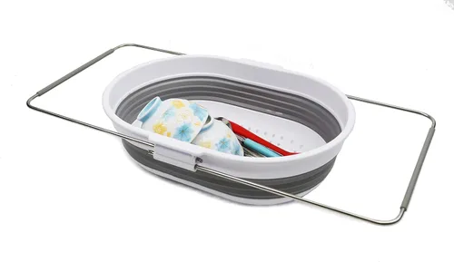 Vista 4 de SAMMART Bañera plegable de 9.2 L (2.37 galones) con asa y colador ovalado sobre el fregadero de 5 litros (verde azulado (cesta) + gris (colador))