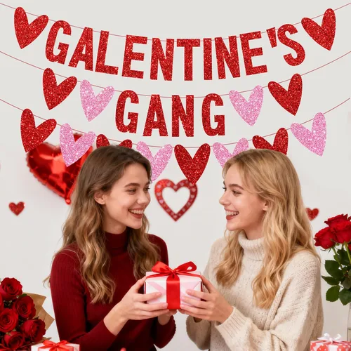 Vista 4 de 3 piezas de decoración del día de los galentinos, pancarta con purpurina de la banda de Galentine con guirnalda de corazón de amor, decoración
