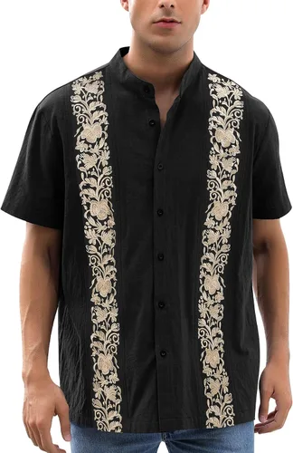 Vista 12 de Camisas mexicanas para hombre, camisas de vestir tradicionales de guayabera para hombre, con botones, cuello de banda, camisa de vestir para fiesta