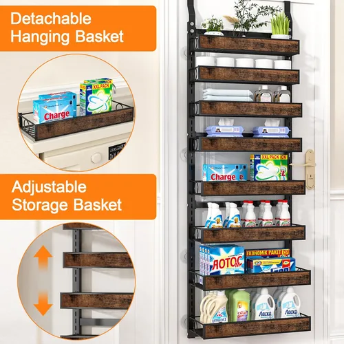 Vista 3 de Orangizer 2 en 1 de 8 niveles para colgar o colgar en la pared con cesta de madera ajustable, estante de almacenamiento de condimentos resistente
