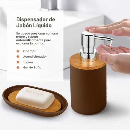 Vista 5 de Juego de 6 accesorios de baño de bambú y plástico, incluye vaso para cepillos de dientes, soporte para cepillos de dientes, dispensador de jabón