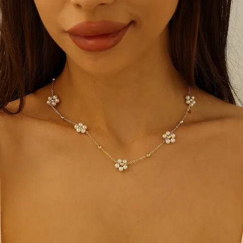 Vista 7 de Collar de perlas, collar de flores de perlas Lariat Collar de perlas de estación Neckalce Solitario Collar colgante de perlas de concha simulada
