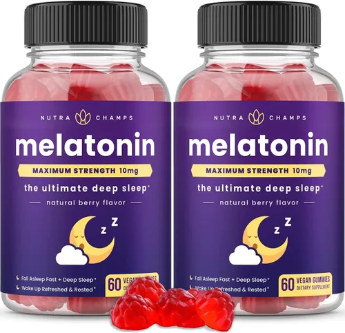 Vista 5 de NutraChamps Gomitas de melatonina para adultos, vitaminas extra fuertes para ayudar al sueño, dosis de 5 mg o 10 mg, suplemento vegano con sabor a