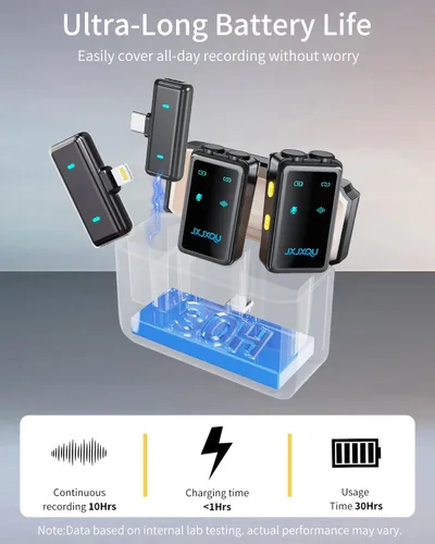 Vista 5 de Micrófono Lavalier inalámbrico para iPhone: micrófono JXJXQU con reducción de ruido inteligente, efecto de reverberación, batería de 30 H+, diseño