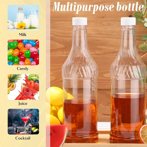 Vista 7 de Dandat 12 botellas de plástico de cuello largo de 32 onzas con vertedor y tapas, botellas de plástico para verter jugo con vertedores de acero