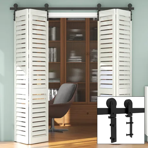 Vista 5 de Kit de rieles de puerta corrediza de granero de 108 pulgadas para 4 puertas, kit de herrajes para puerta de granero plegable resistente, fácil
