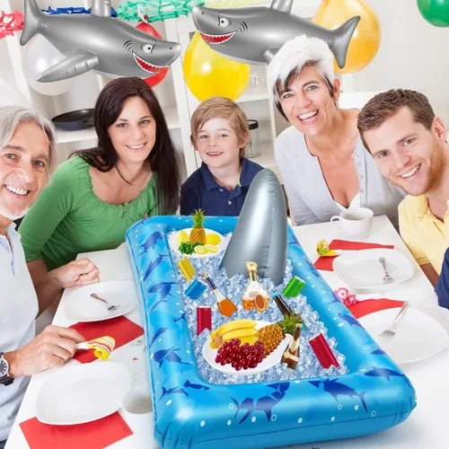 Vista 6 de Deekin 3 decoraciones de fiesta de tiburones incluyen 1 enfriador inflable de fiesta de tiburón, 2 flotadores inflables de juguete para piscina