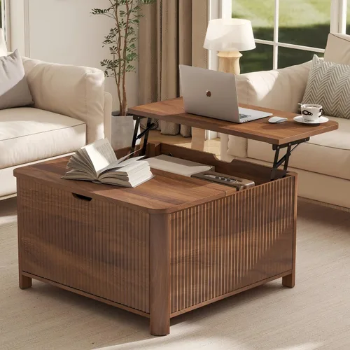 Vista 12 de LYNCOHOME Mesa de centro acanalada con compartimento oculto, mesas de centro elevables de madera, mesa central moderna para sala de estar, oficina