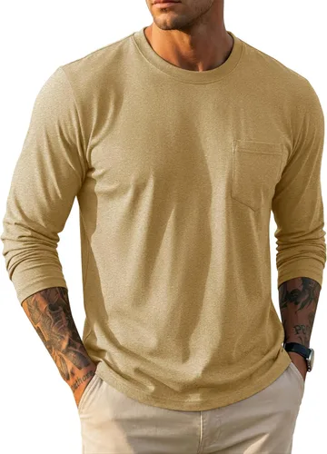 Vista 9 de MAGCOMSEN Camisa de manga larga para hombre con bolsillo, de algodón, cuello redondo, casual, ligera