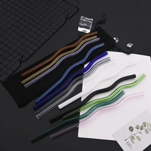 Vista 2 de JASHII Pajitas de vidrio ondulado negro – 8 piezas, 7.87 x 0.31 pulgadas, reutilizables con bolsa negra, multicolor para beber bebidas