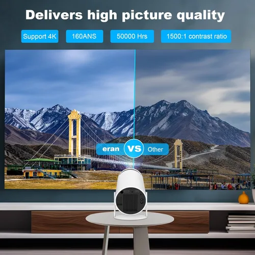 Vista 3 de HY300 PRO MINI proyector, proyector portátil, compatible con 4K 1080P con doble banda WIFI6 5G inalámbrico 5.0 Bluetooth Android 11, 180° giratorio