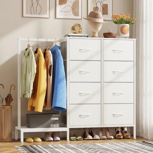 Vista 13 de HIGDBFE Cómoda alta de 44 pulgadas de alto con estante para colgar, cómoda pequeña de 4 cajones para dormitorio, cómoda de tela reversible