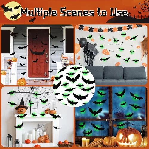 Vista 7 de DR.DUDU - Paquete de 36 murciélagos para decoración de pared de murciélagos para interiores Light Up Green LED, Assorted Size, 3D Bat Stickers