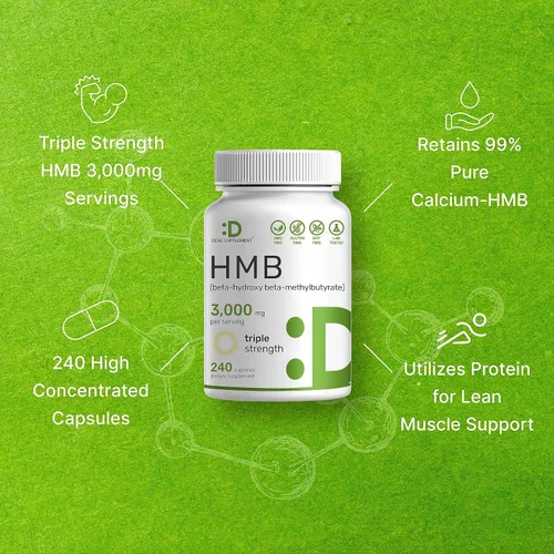 Vista 4 de Suplementos HMB ultra fuertes 3,000 mg por porción, 240 cápsulas Probado por terceros Apoya el crecimiento muscular, la retención y la masa