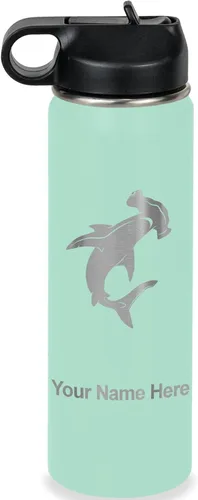Vista 53 de LaserGram Botella de agua personalizada, tiburón martillo, acero inoxidable de doble pared aislada al vacío con popote superior, regalo grabado