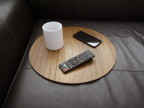 Vista 2 de Round wooden sofa armrest table in many colors as dark walnut Small flexible over the couch side tables Narrow folding dining slinky arm tray