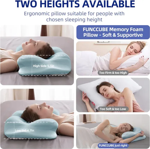 Vista 4 de FUNCCUBE Almohada cervical para el cuello – Almohadas de espuma viscoelástica para aliviar el dolor dormir con funda de almohada refrescante, Azul