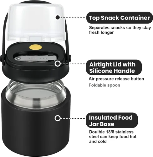 Vista 5 de Tarro de comida aislado 2 en 1 con un recipiente para aperitivos, termo de sopa para niños de 15 onzas para comida caliente con asa y cuchara, a