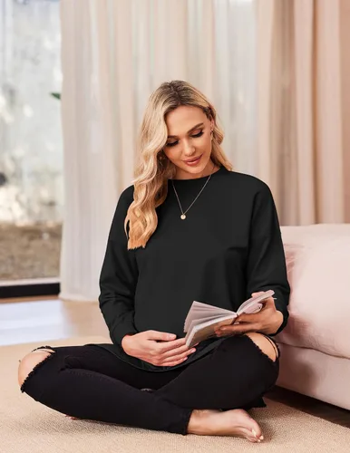 Vista 3 de Ekouaer Camisas de maternidad para mujer, manga larga, con abertura lateral, camiseta de embarazo, blusa tipo túnica, ropa casual para mamá