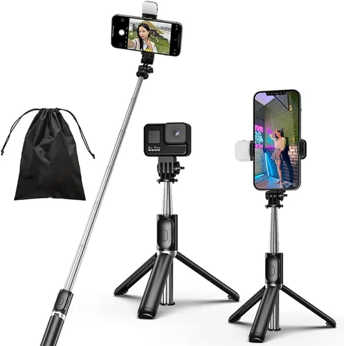 Vista 11 de Trípode para selfie, soporte de trípode 4 en 1 con control remoto inalámbrico desmontable, soporte para teléfono inteligente compatible con iPhone