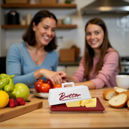 Vista 6 de Mantequillera de cerámica con tapa, plato de mantequilla roja con tapa para encimera y refrigerador, bandeja de mantequilla roja, recipiente