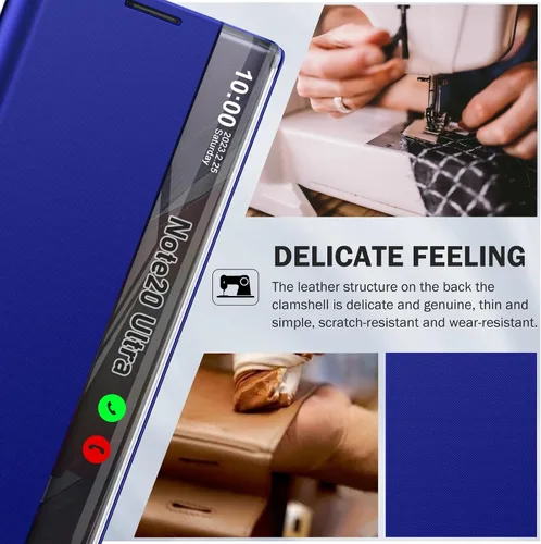 Vista 3 de Funda para Samsung Galaxy Note 20 Ultra 5G View Clear Window Leather para Samsung Note 20 Ultra Case Slim Mirror Hard PC Kickstand Luxury Flip A Azul