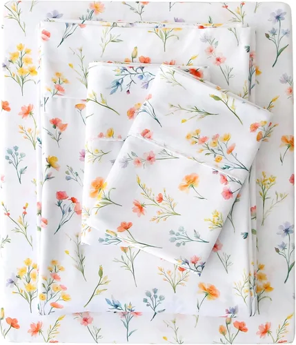 Vista 17 de Viviland Juego de sábanas tamaño matrimonial con estampado botánico de mariposas y flores rosadas y moradas, 4 piezas, sábanas de microfibra suave