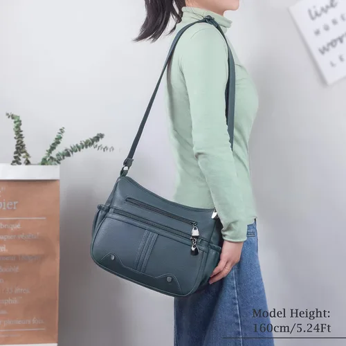 Vista 2 de Bolso bandolera de piel sintética suave para mujer, bolso cruzado con múltiples bolsillos, bolso cruzado mediano espacioso a la moda con asa superior
