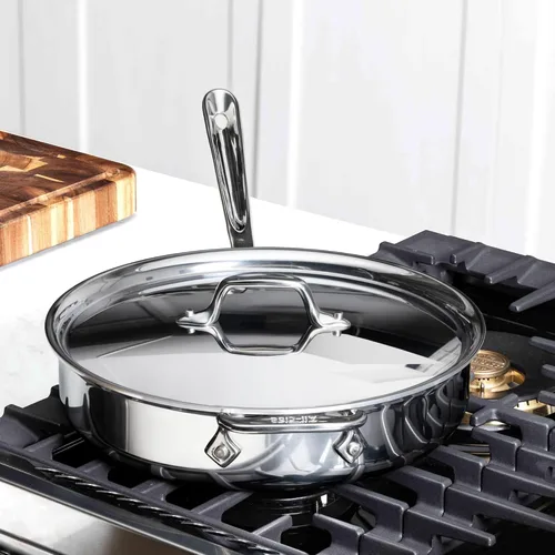 Vista 6 de All-Clad D3 Sartén Salteadora de Acero Inoxidable de 3 Capas con Tapa y Mango 3 Cuartos, Inducción, Apto para Horno y Parrilla 600F