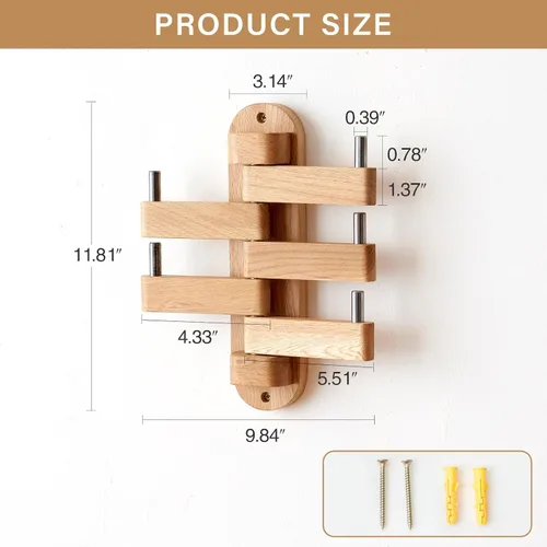 Vista 3 de Perchero giratorio de roble con ganchos para abrigos, ganchos de pared de madera con 5 brazos plegables giratorios, perchero de pared de 30 cm