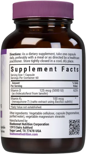 Vista 2 de Bluebonnet Nutrition Vitamina D3 y K2, sin soja, para huesos fuertes y saludables*, sin gluten, sin OMG, sin lácteos, certificado Kosher