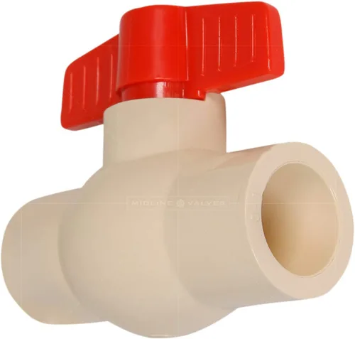 Vista 3 de Midline Valve Válvula de bola de CPVC resistente 472T100 para agua potable; Mango en T rojo; Conexiones de disolvente de 1 pulgada; Plástico