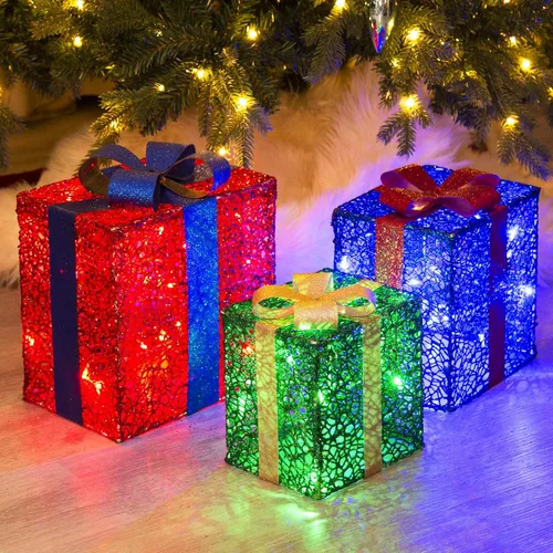 Vista 10 de PEIDUO Cajas de regalo iluminadas de Navidad, juego de 3, decoraciones de regalo al aire libre, paquetes debajo del árbol para interiores, fiestas