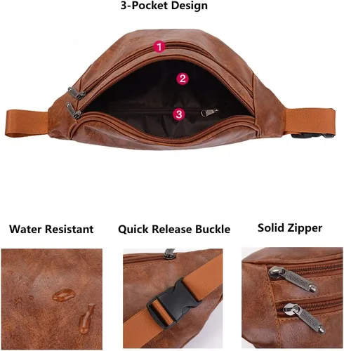 Vista 4 de Ausion Riñonera de cuero para hombres y mujeres, cangurera para senderismo, correr, viajes, múltiples bolsillos - Riñonera con cremalleras Marrón