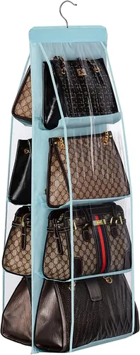 Vista 9 de Lirex Organizador colgante de bolso, 8 bolsillos, colgador de almacenamiento para bolso, ropa Oxford para armario familiar, dormitorio, plegable