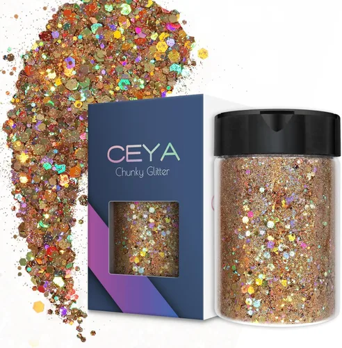 Vista 9 de Ceya Brillantina gruesa holográfica, 1 libra/16 onzas, oro diamante a granel, purpurina mixta gruesa y fina embotellada con lentejuelas metálicas
