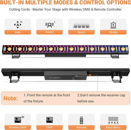 Vista 5 de Barra de luz de escenario alimentada por batería: 150W 3IN1 RGBW cambio de color - Inalámbrico 2.4G DMX y control remoto - Efectos estroboscópicos