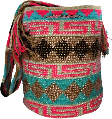 Vista 3 de Mochila Wayuu colombiana 100 % auténtica, hecha a mano, producto artesanal, bolsa de viaje cruzada de diseño único, estilos multicolor..