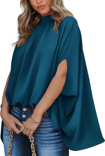Vista 26 de BTFBM Blusas de verano para mujer, cuello alto falso, manga murciélago, holgadas, dobladillo alto y bajo, blusas informales de gran