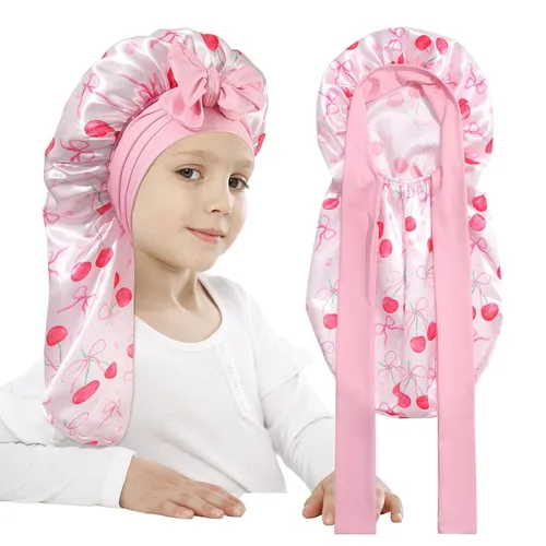 Vista 15 de AWAYTR Gorro de satén para niñas con trenzas de pelo largo para dormir Negro