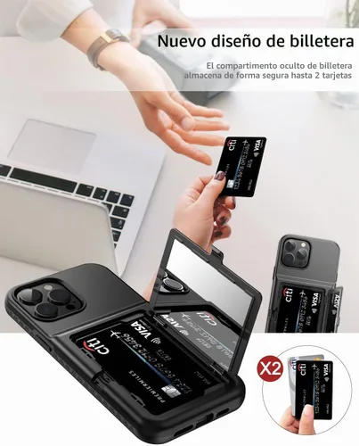 Vista 5 de WeLoveCase Funda para iPhone 13 Pro Max para mujer con tarjetero y espejo oculto, dos capas a prueba de golpes resistente funda protectora tipo Negro