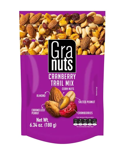 Vista 10 de Granuts Cranberry Trail Mix Cacahuetes caramelizados Nueces de maíz crujientes + almendras Arándanos suaves Sabores salados + dulces Snack
