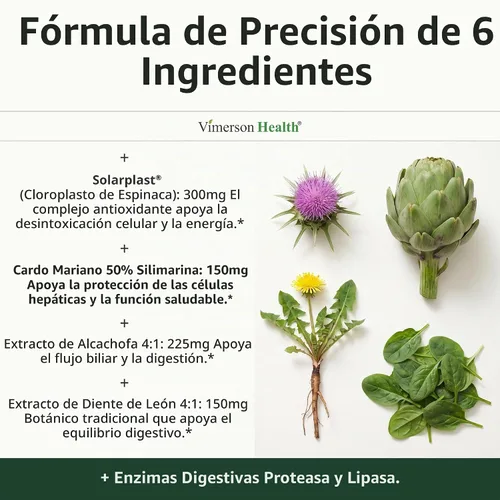 Vista 5 de Soporte hepático con extracto de alcachofa, enzimas, silimarina 50% cardo mariano, raíz de diente de león, lipasa y proteasa, antioxidantes