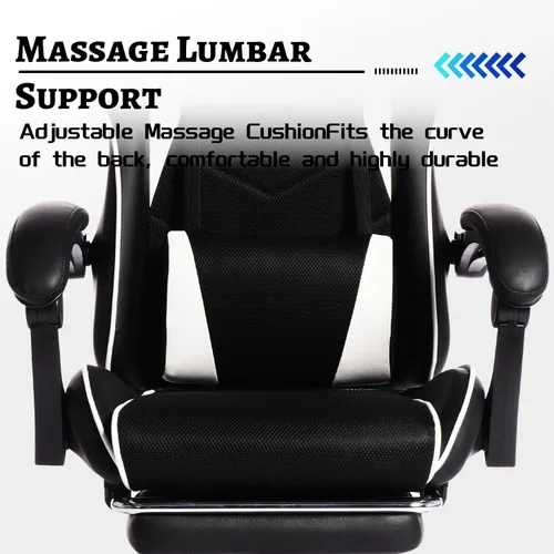 Vista 4 de Ergonomic Gaming Chair with Massage Lumbar Pillow, Reclining Racing Seat, Adjustable Footrest for PC Game Office, Black and White PU Leather