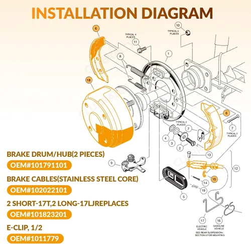 Vista 6 de CLUBRALLY Club Car DS Deluxe Brake Golf Cart Kit de mantenimiento 2000 en adelante, contiene tambor/buje, cables de freno y zapatas de freno