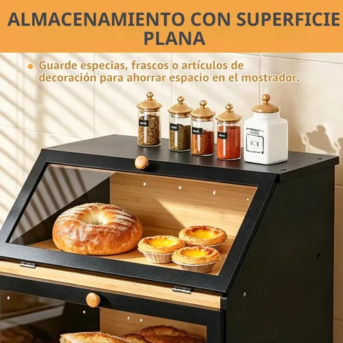 Vista 4 de HOMEKOKO Panera grande de doble capa para encimera de cocina, contenedor de almacenamiento de pan de madera de gran capacidad (negro)